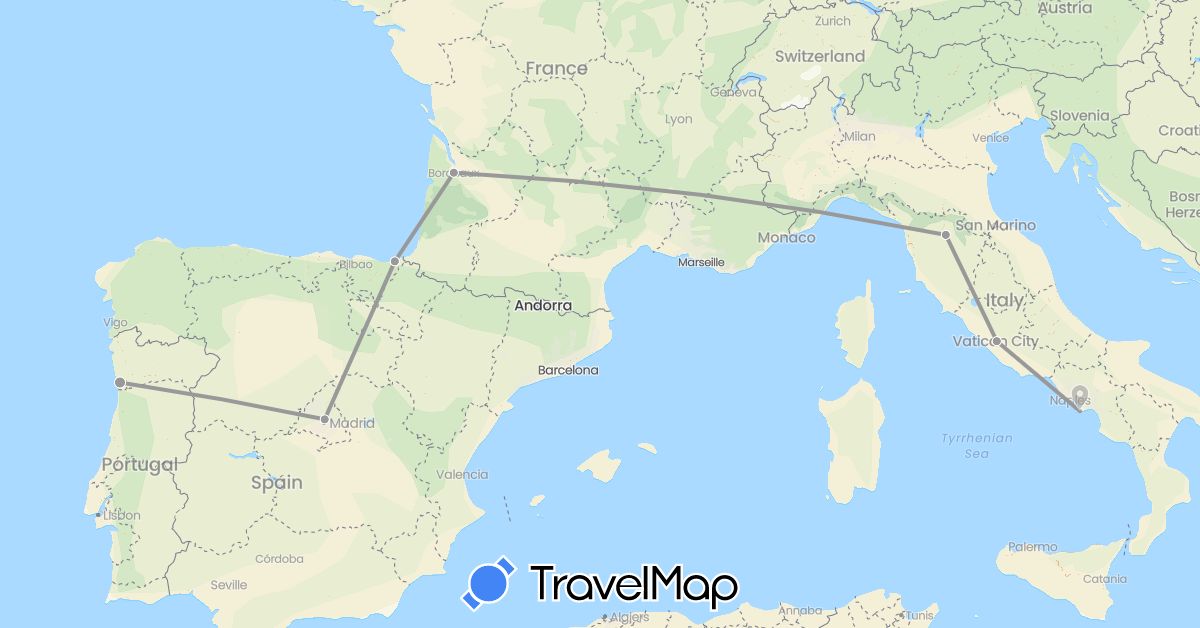 TravelMap itinerary: plane in Spain, France, Italy, Portugal (Europe)